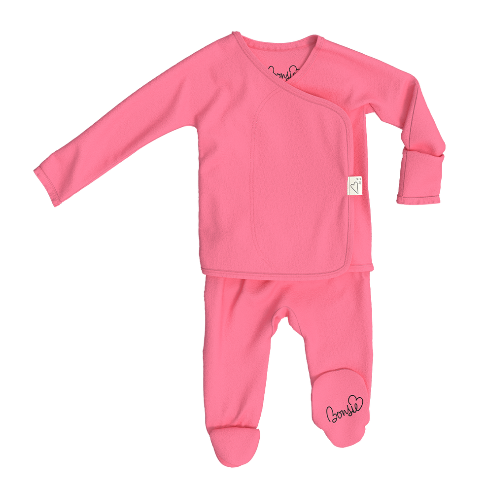 Stockist of Bonsie Babywear's Footed, vibrant "Pinky Promise" kimono style romper 
