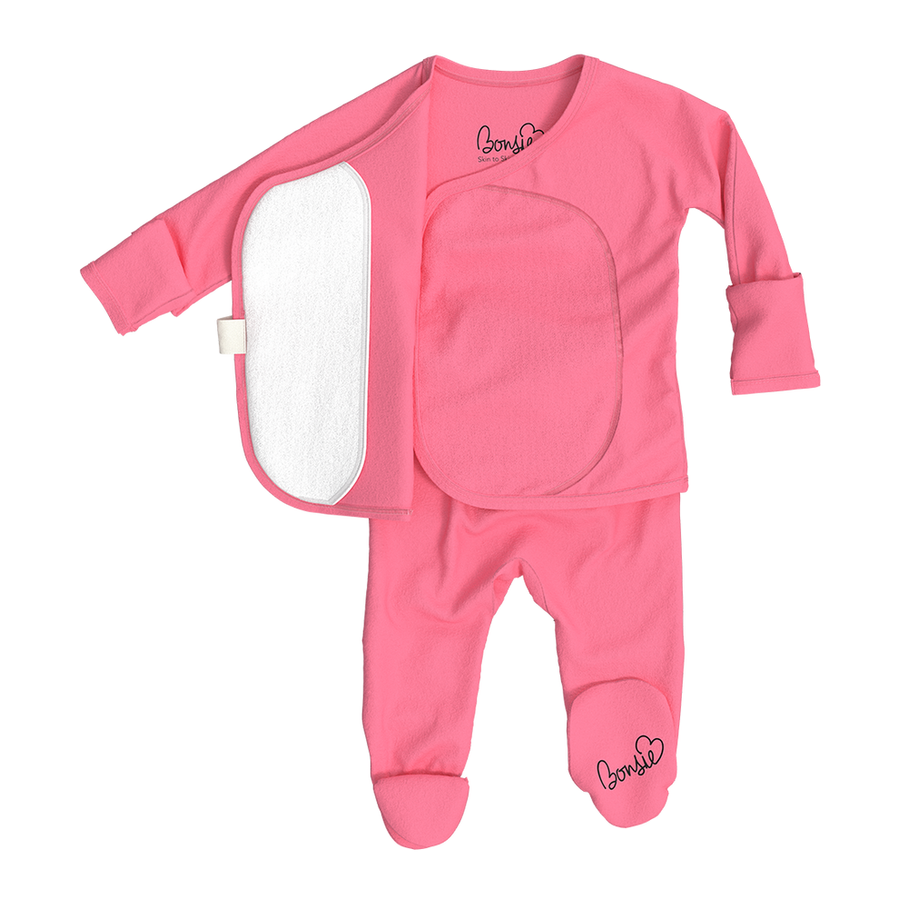 Stockist of Bonsie Babywear's Footed, vibrant "Pinky Promise" kimono style romper 
