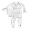Stockist of Bonsie's rayon blend star print footie.  Top section has velcro wrap body which can be undone for skin to skin contact.  Elastic waist that can be pulled down for easy diaper changes. 