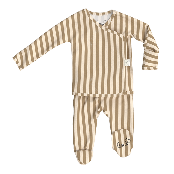 Stockist of Bonsie Babywear's Footed  Toffee Twist kimono style romper