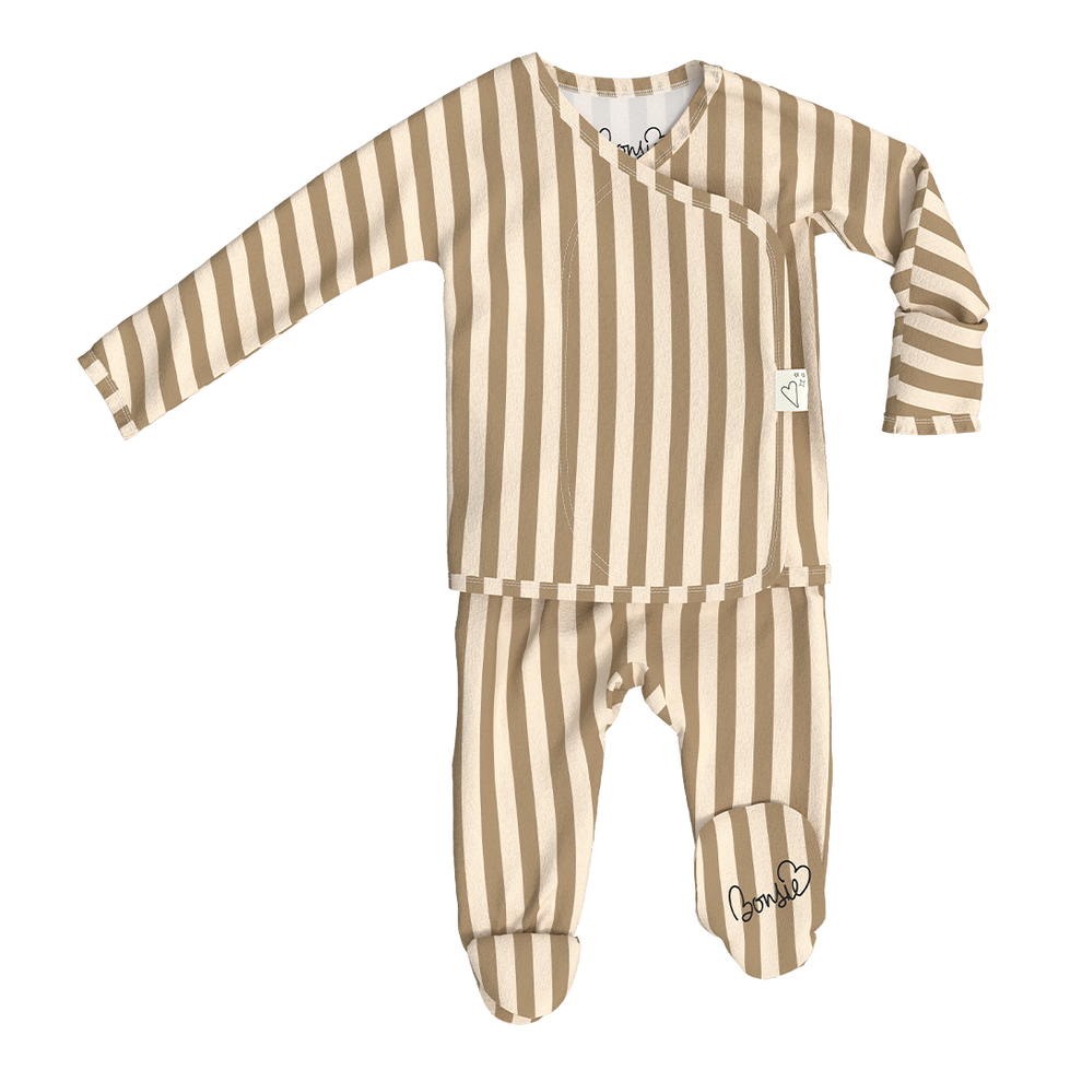 Stockist of Bonsie Babywear's Footed  Toffee Twist kimono style romper