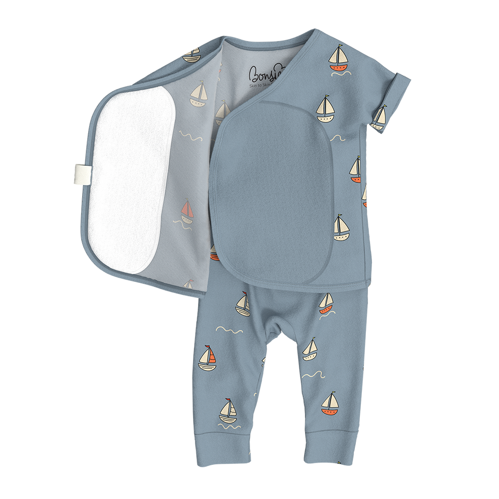 Stockist of Bonsie's Footless, sleeveless "ahoy baby" kimono romper featuring sailboat print