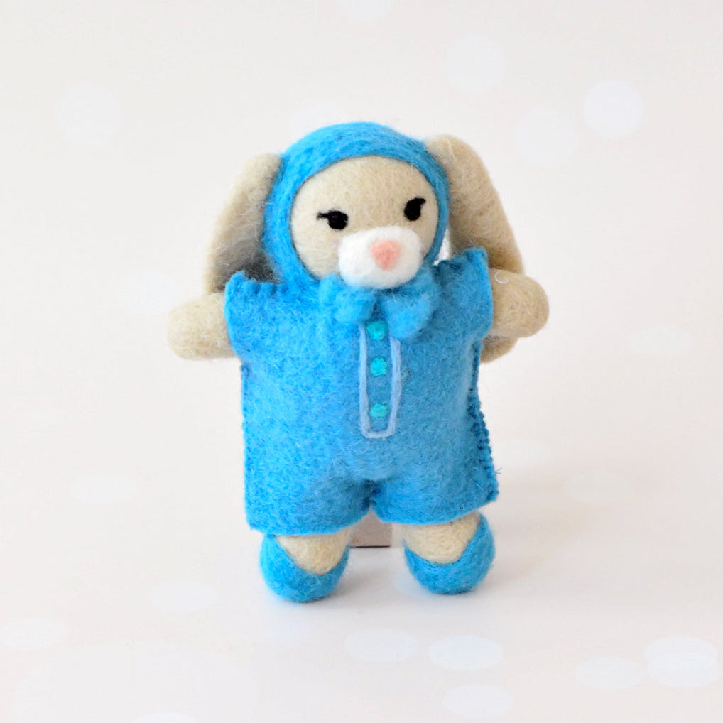 US stockist of Tara Treasures' adorable felt wool bunny in blue overalls