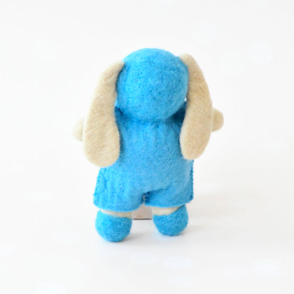 US stockist of Tara Treasures' adorable felt wool bunny in blue overalls