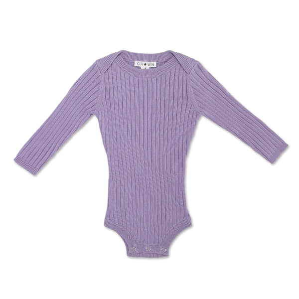US stockist of Grown's organic cotton ribbed essential bodysuit in Lilac