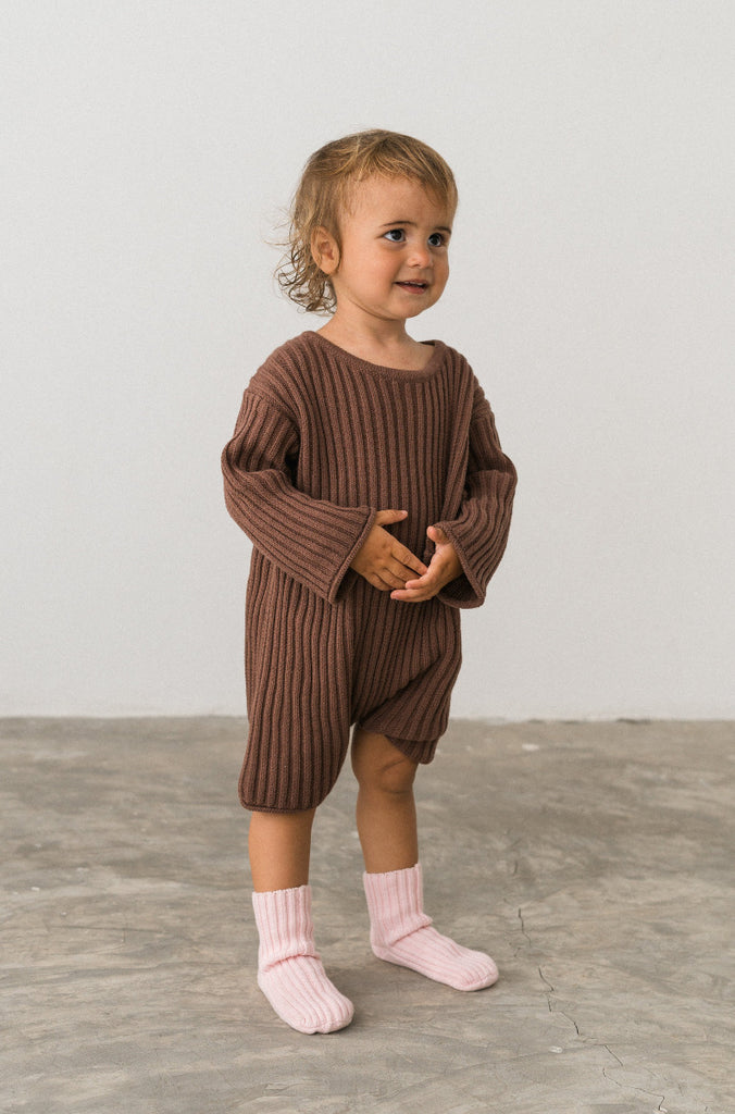 US stockist of Illoura the Label's long sleeve essential knit romper in Cocoa