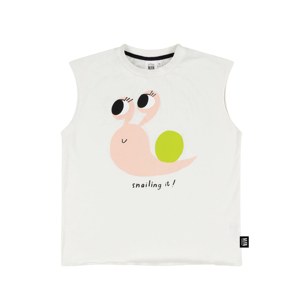US stockist of Little Man Happy's Snailing It off whie tank top
