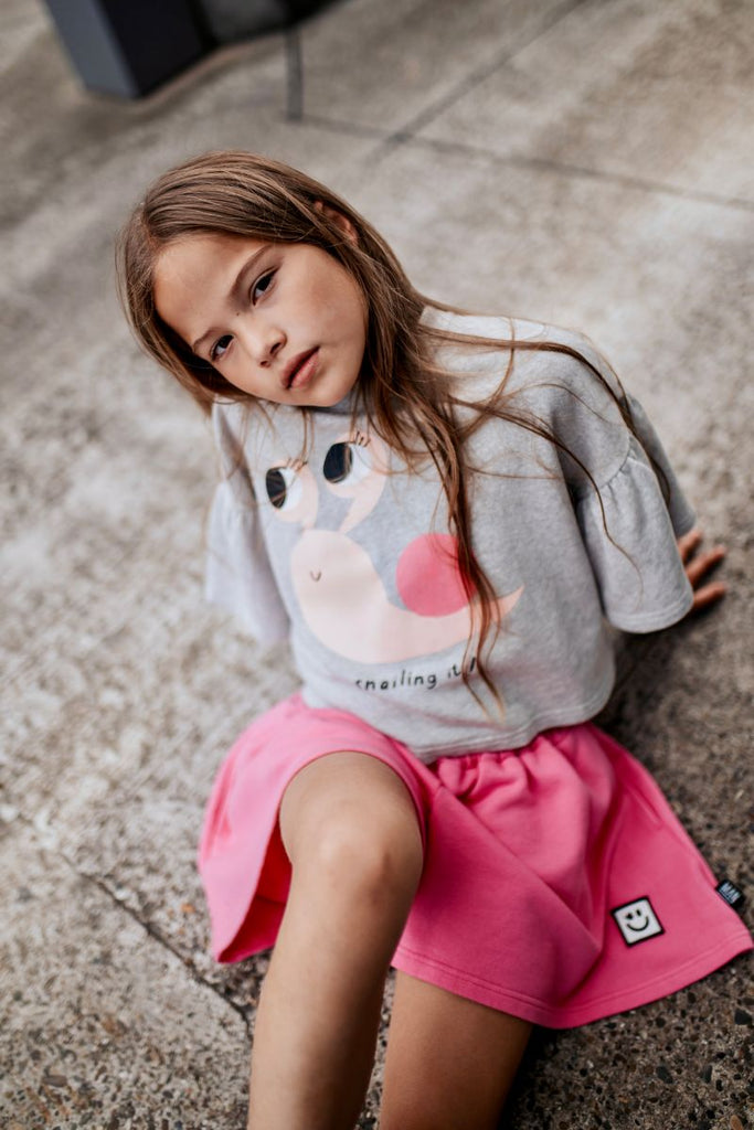 US stockist of Little Man Happy's "Snailing It' puff sleeve boxy grey melange t-shirt