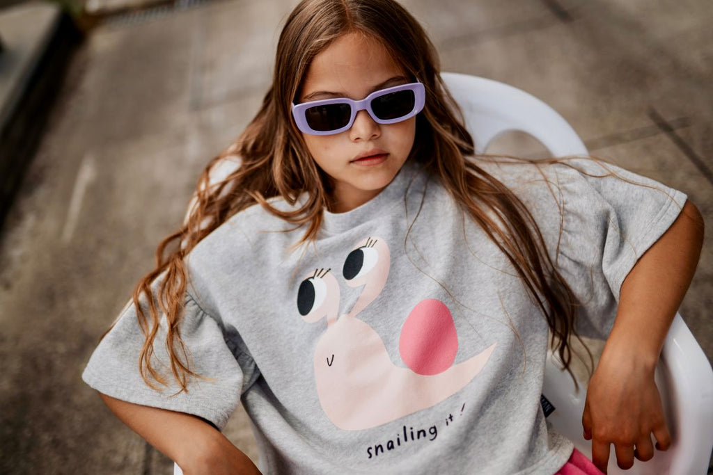 US stockist of Little Man Happy's "Snailing It' puff sleeve boxy grey melange t-shirt