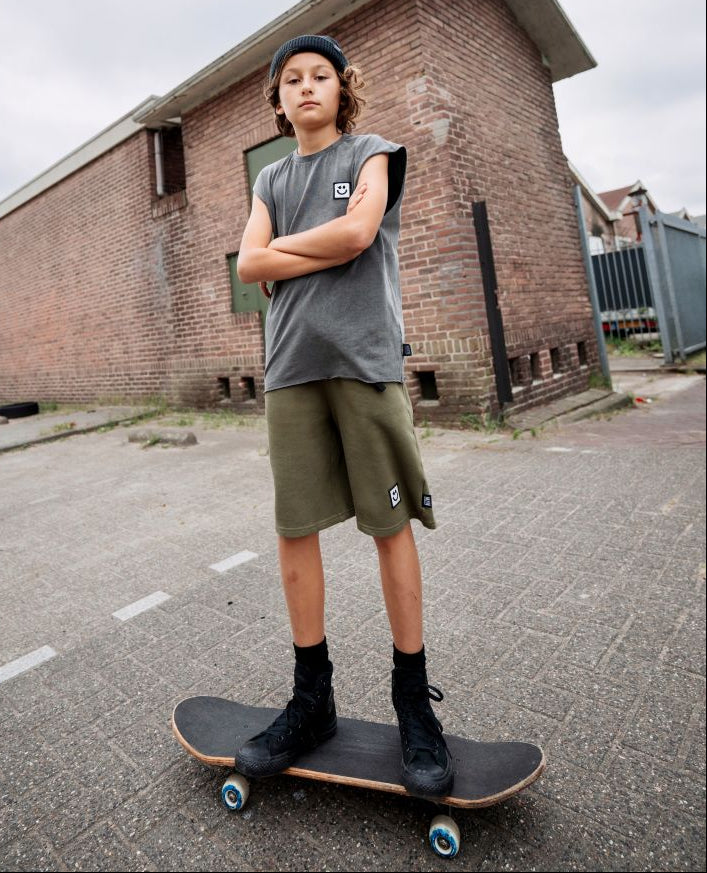 US stockist of Little Man Happy's Green Mud long shorts