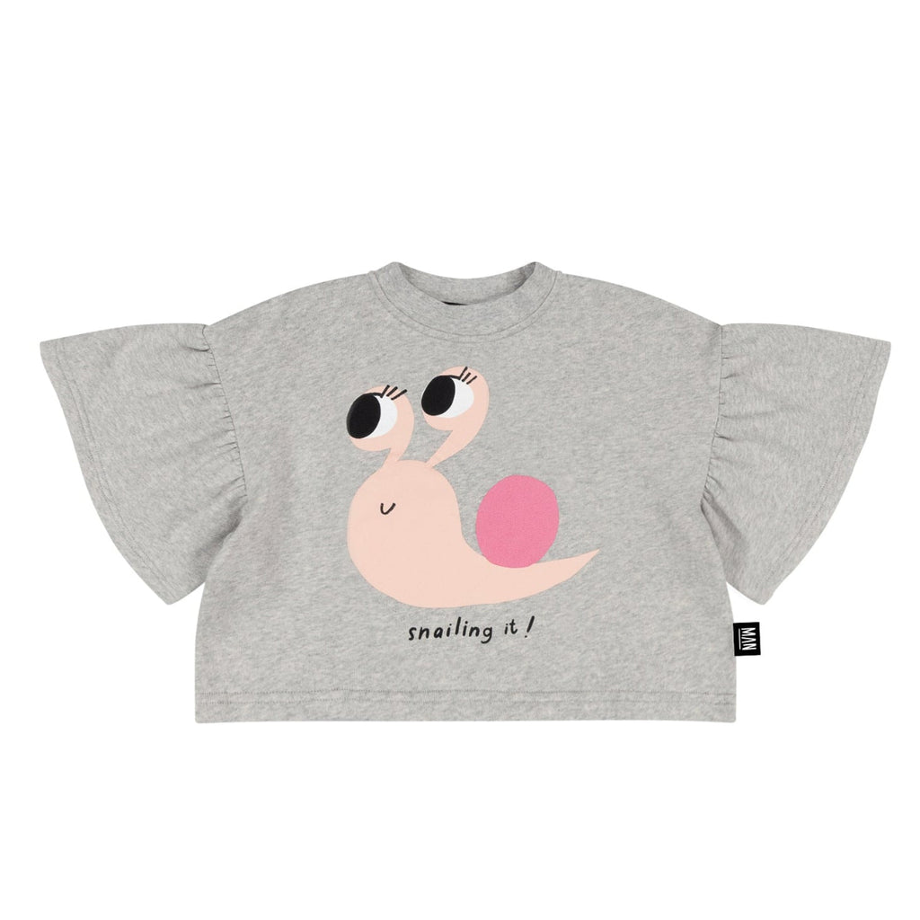 US stockist of Little Man Happy's "Snailing It' puff sleeve boxy grey melange t-shirt