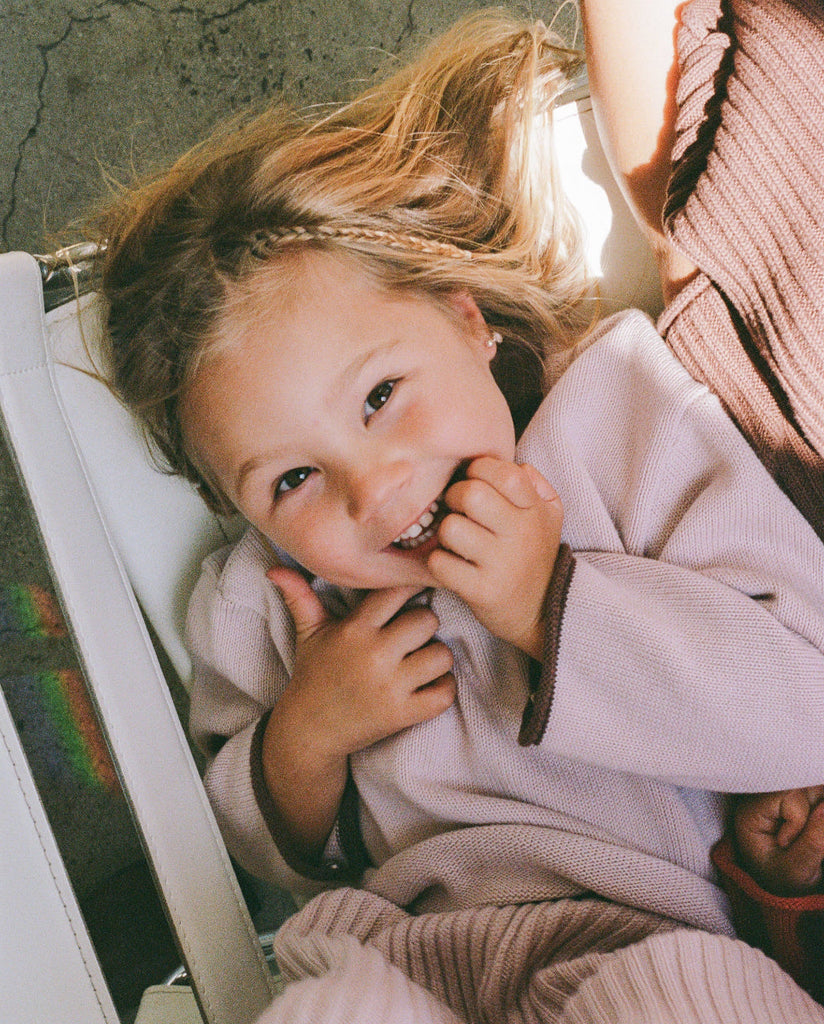 US stockist of Illoura the Label's "Dusty Pink" Essential Knit Sweater with contrasting cocoa cuffs and hem