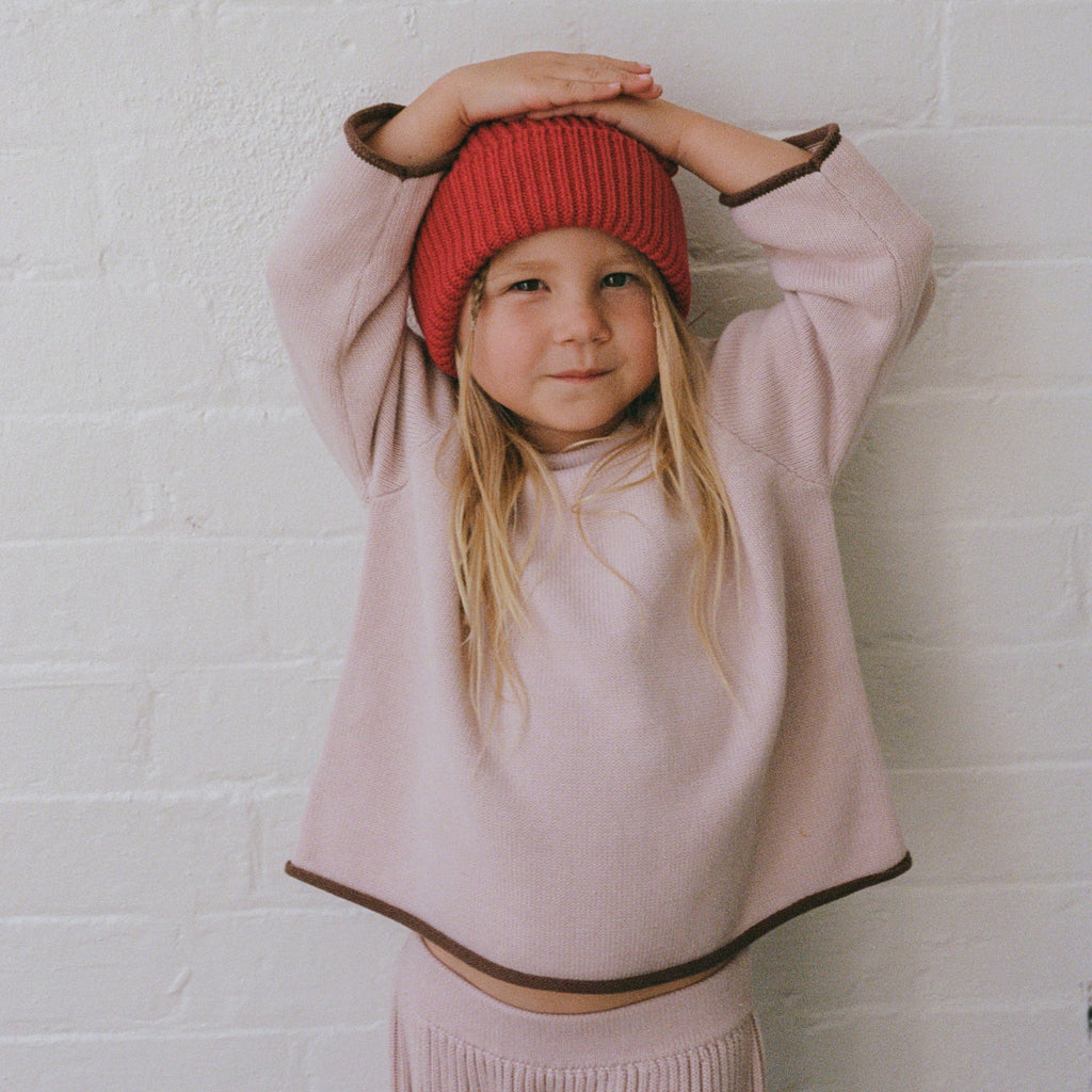 US stockist of Illoura the Label's "Dusty Pink" Essential Knit Sweater with contrasting cocoa cuffs and hem