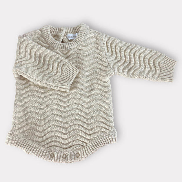 US stockist of Belle & Sun's gender neutral Wave knit romper in Almond