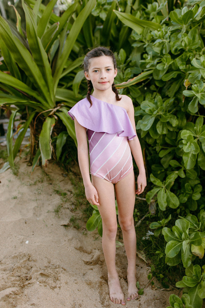 US stockist of Saint Ida's Purple Sands Rainbow One Shoulder Ruffle Swimsuit