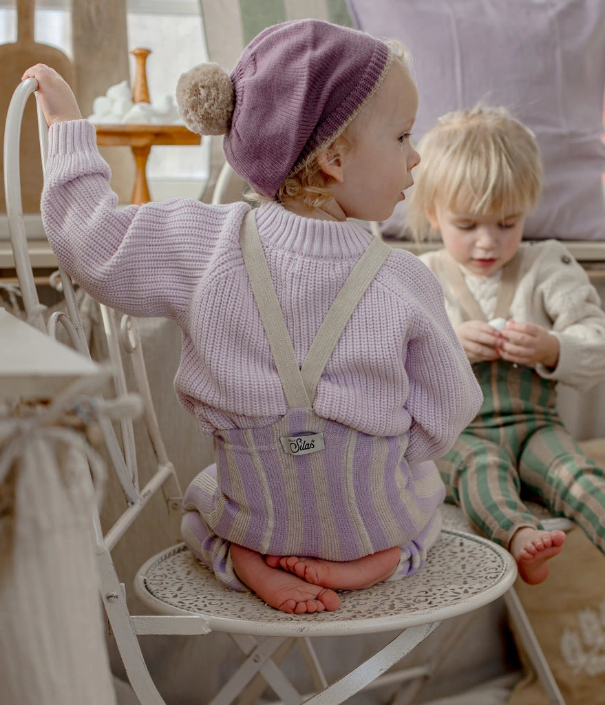 US stockist of Silly Silas' Dreamy Pastels Footless cotton tights in Lavender x Cream Striped