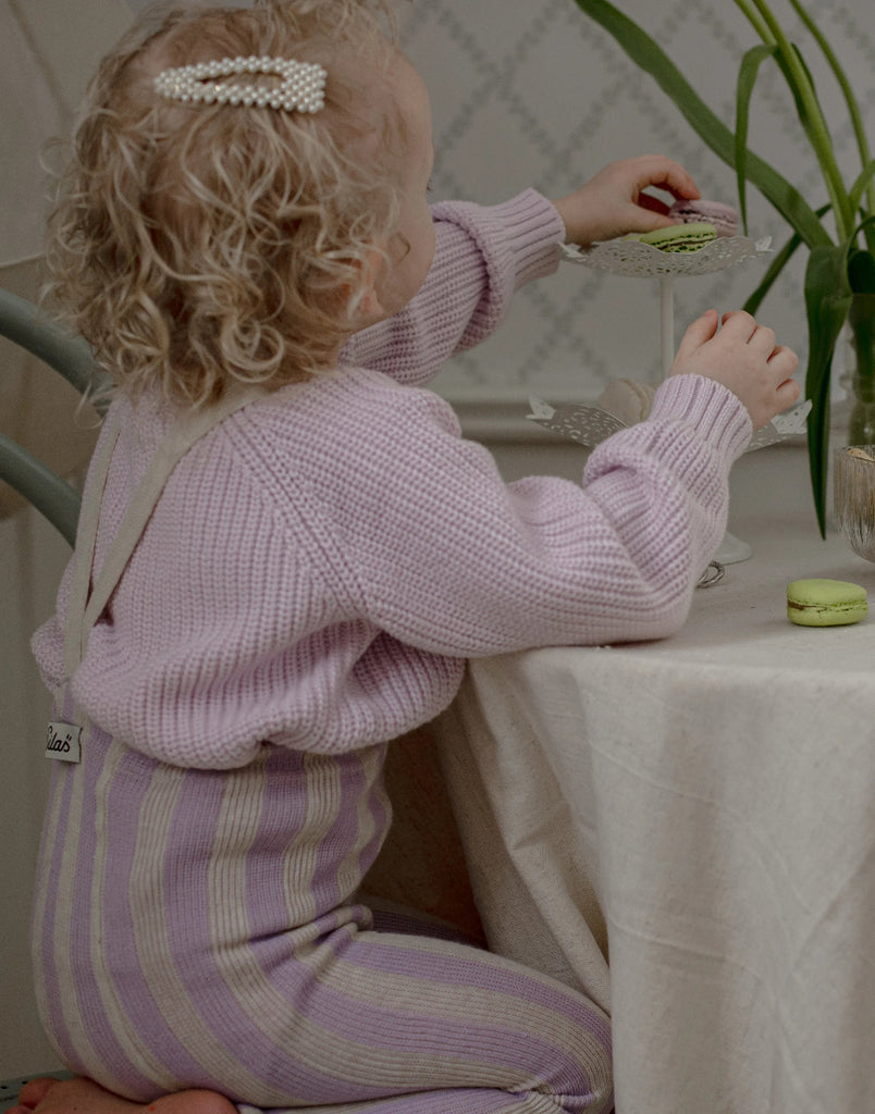 US stockist of Silly Silas' Dreamy Pastels Footless cotton tights in Lavender x Cream Striped