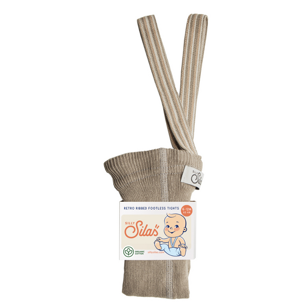 US stockist of Silly Silas' Retro Champs footless cotton tights in Oyster Grey with striped braces.