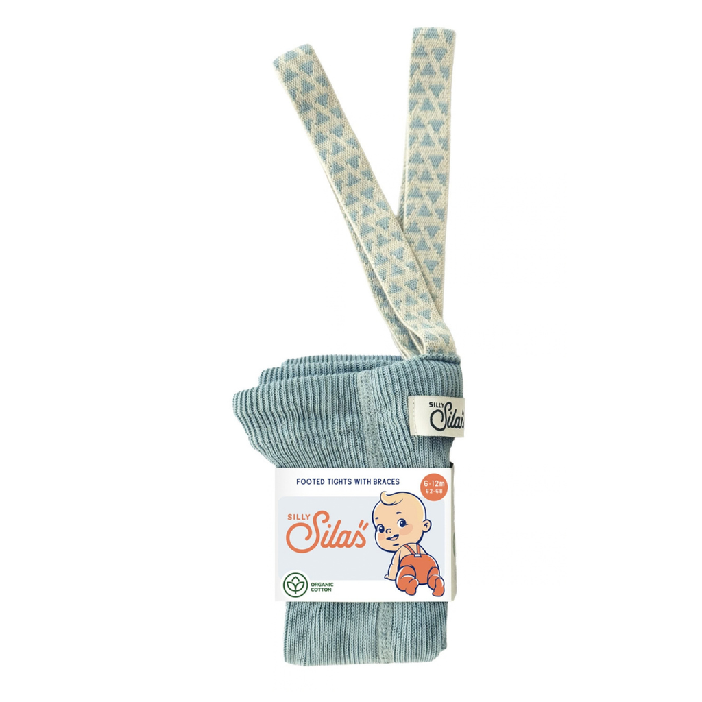 US stockist of Silly Silas' Misty Blue cotton footed tights with patterned braces