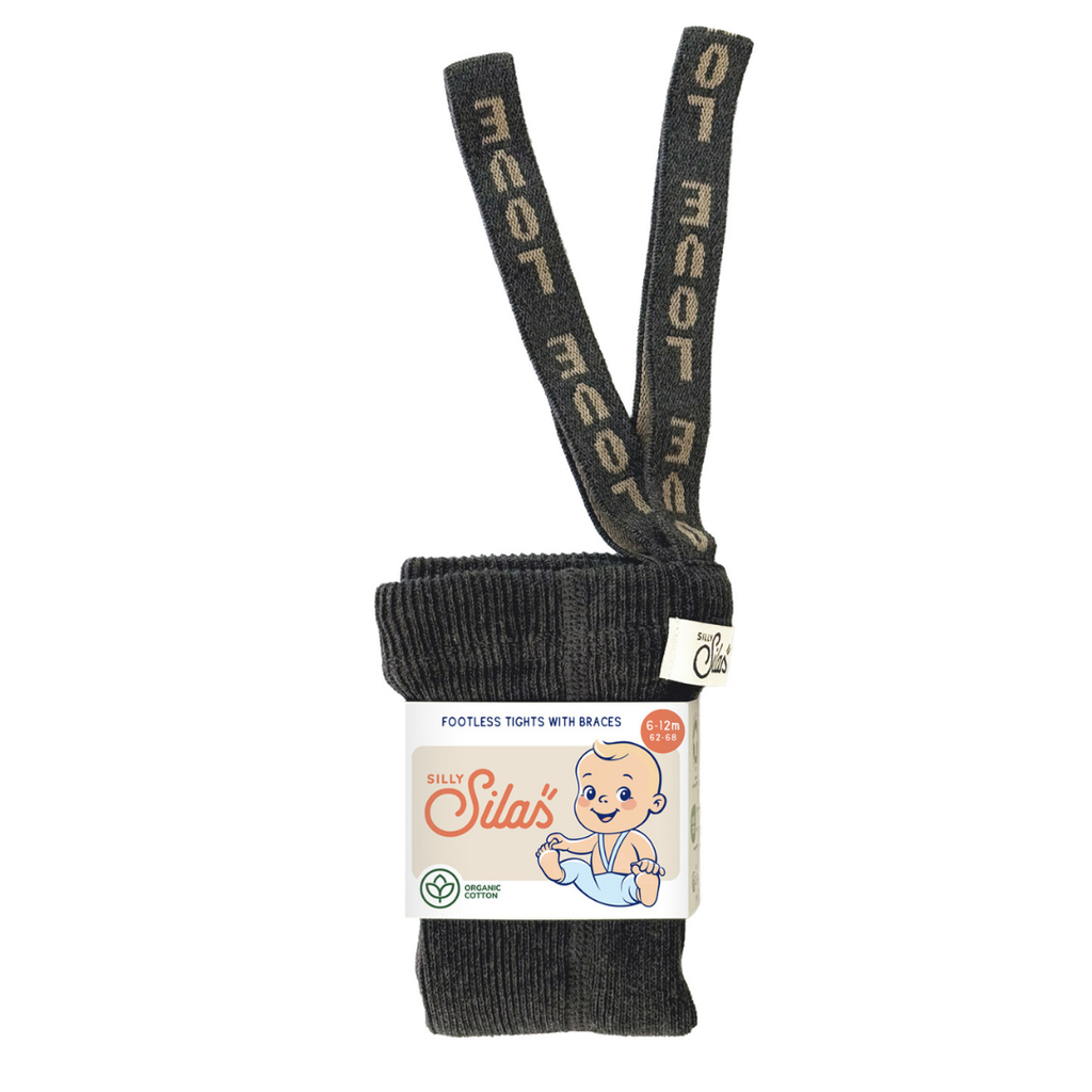 US stockist of Silly Silas' Dark Grey cotton footless tights with LOVE patterned braces