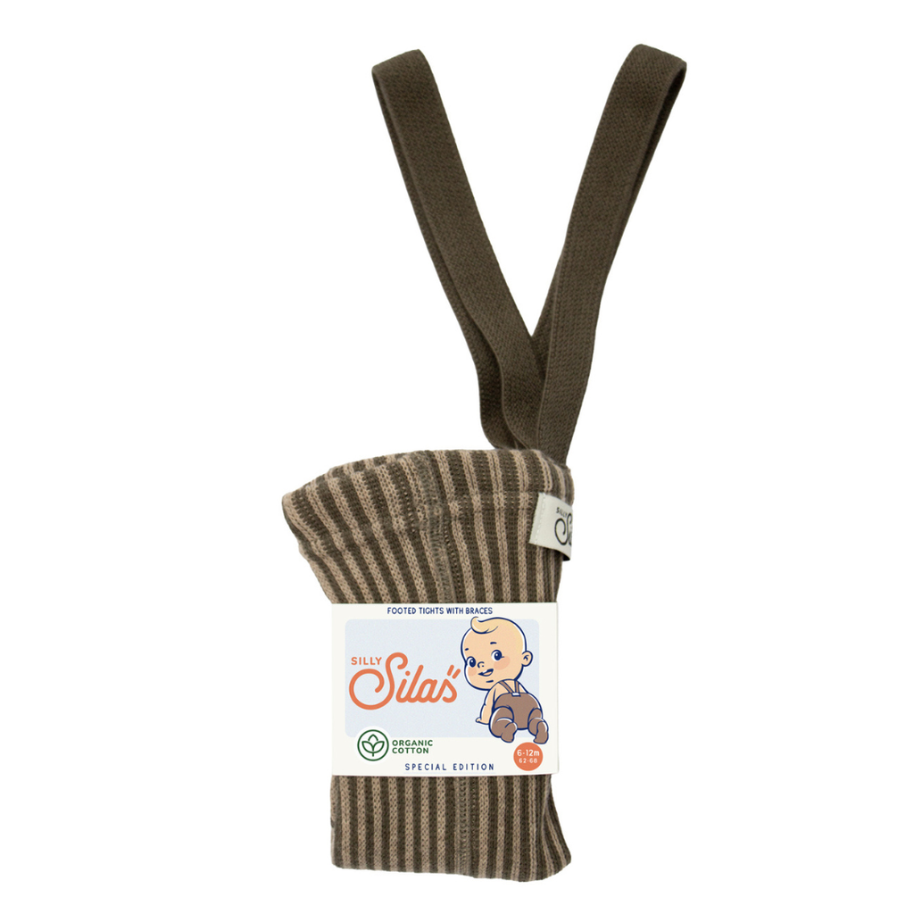 US stockist of Silly Silas' special edition cotton footed tights in Seaweed Brown x Peanut Striped