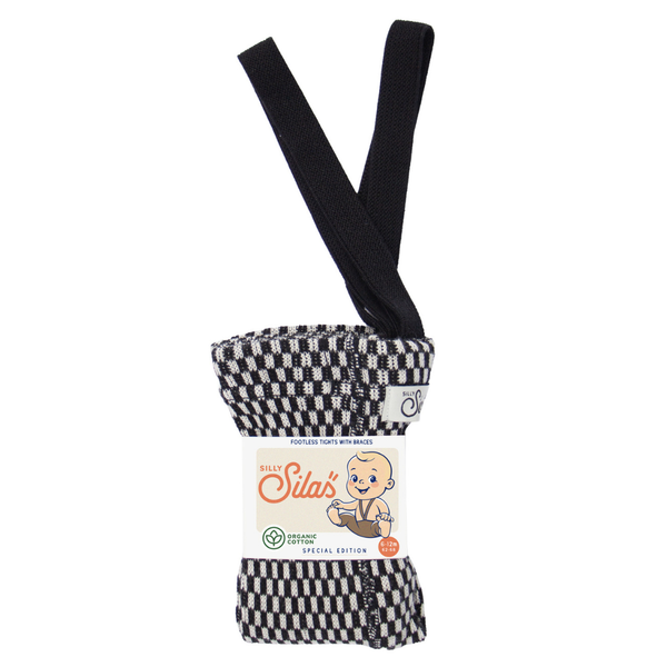 US stockist of Silly Silas' special edition cotton footless tights in Black x Whited Checked