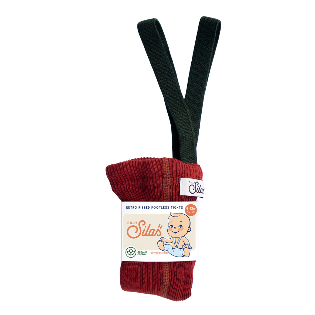 US stockist of Silly Silas' Christmas Edition footless cotton tights in Maple Leaf with Dark Forest Green braces.