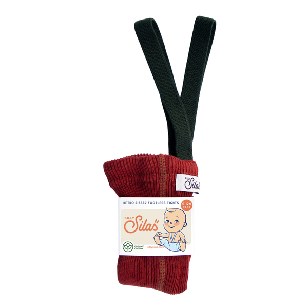 US stockist of Silly Silas' Christmas Edition footless cotton tights in Maple Leaf with Dark Forest Green braces.