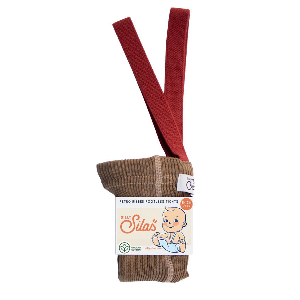 US stockist of Silly Silas' Christmas Edition footless cotton tights in Acorn Brown with Maple Leaf braces
