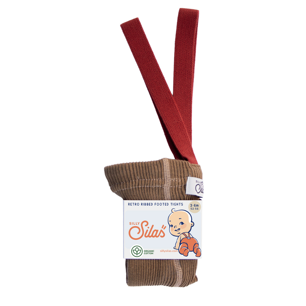 US stockist of Silly Silas' Christmas Edition footed cotton tights in Acorn Brown with Maple Leaf braces