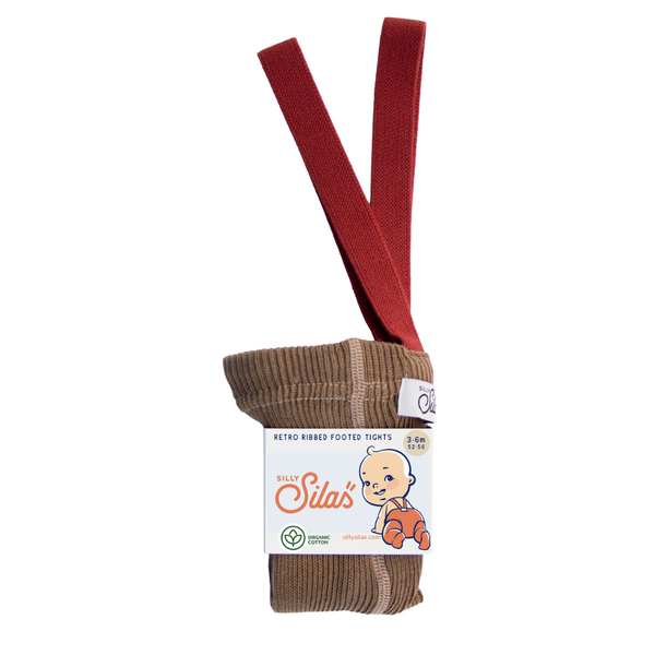 US stockist of Silly Silas' Christmas Edition footed cotton tights in Acorn Brown with Maple Leaf braces