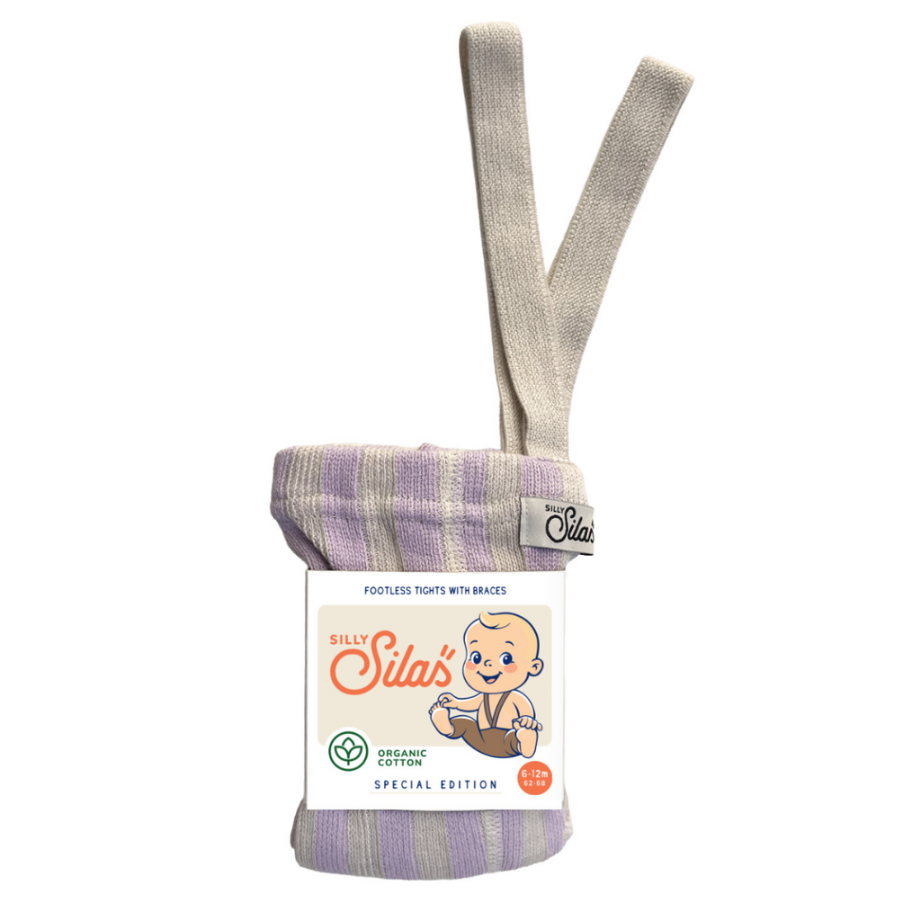 US stockist of Silly Silas' Dreamy Pastels Footless cotton tights in Lavender x Cream Striped