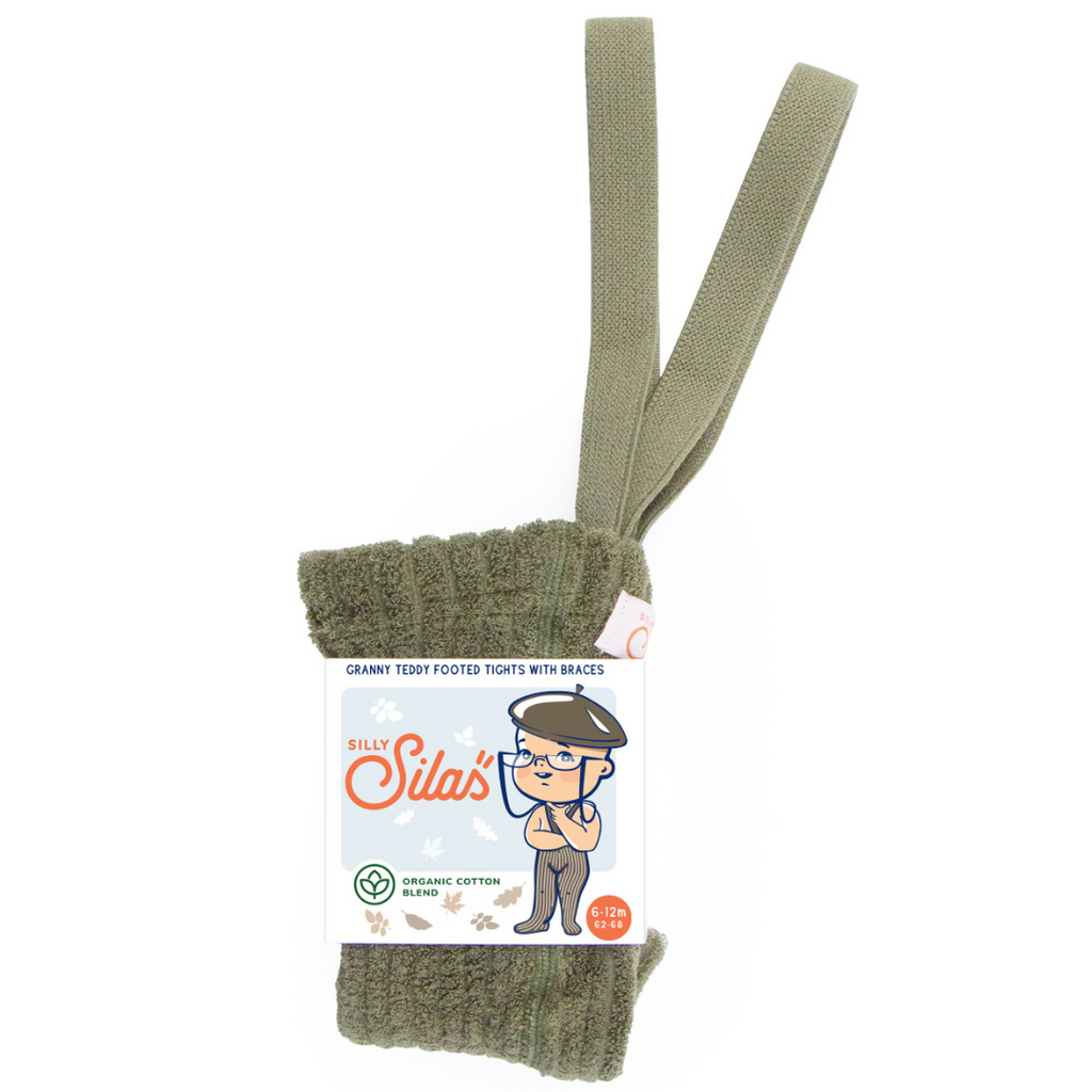 US stockist of Silly Silas' Granny Teddy Footed Tights in Olive