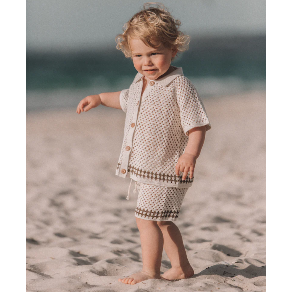 US stockist of Grown Clothing's hand crocheted Coconut short sleeve shirt.