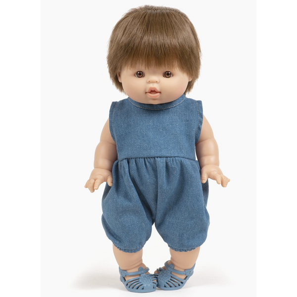 The most adorable romper for your little one's doll.  Made from soft cotton in Light Denim.