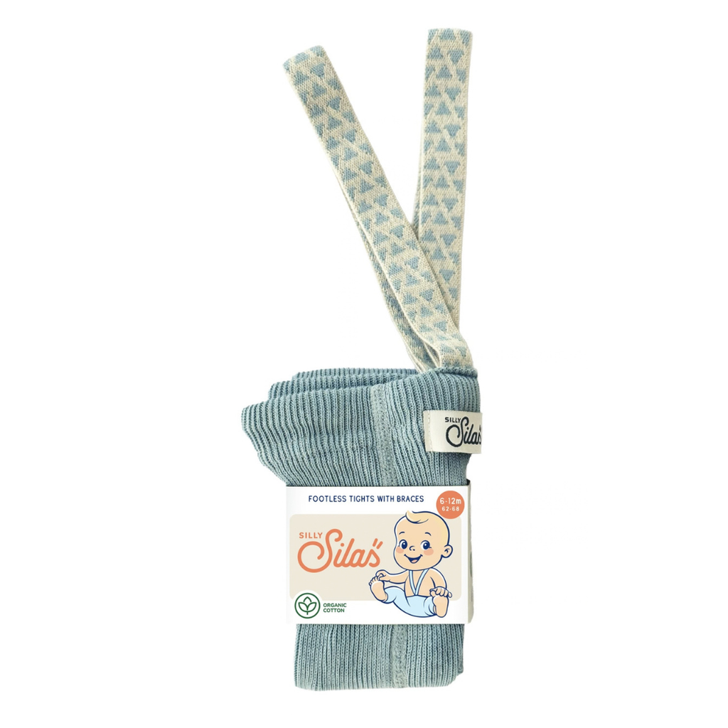 US stockist of Silly Silas' Misty Blue Cotton Footless tights with patterned braces
