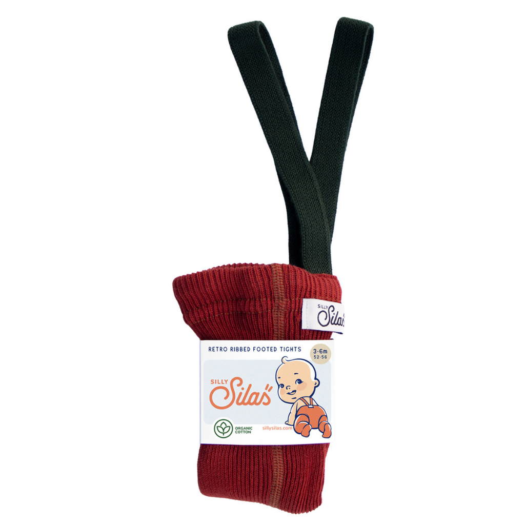 US stockist of Silly Silas' Christmas Edition footed cotton tights in Maple Leaf x Dark Forest Green braces