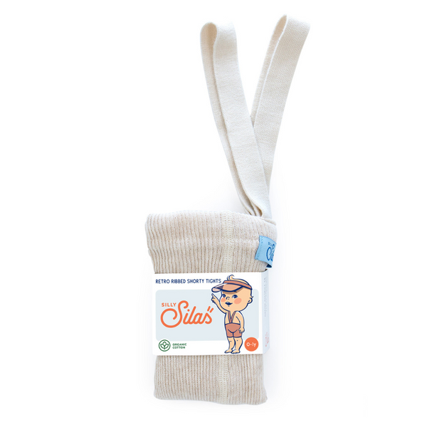 US stockist of Silly Silas' gender neutral shorty tights in cream blend.  Made from organic cotton.