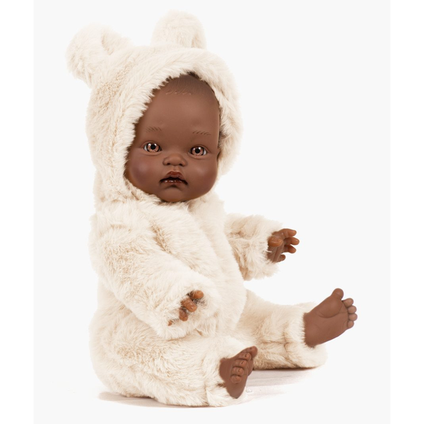 US stockist of Minikane's Betty Cuties doll dressed in an Ecru faux fur jumpsuit
