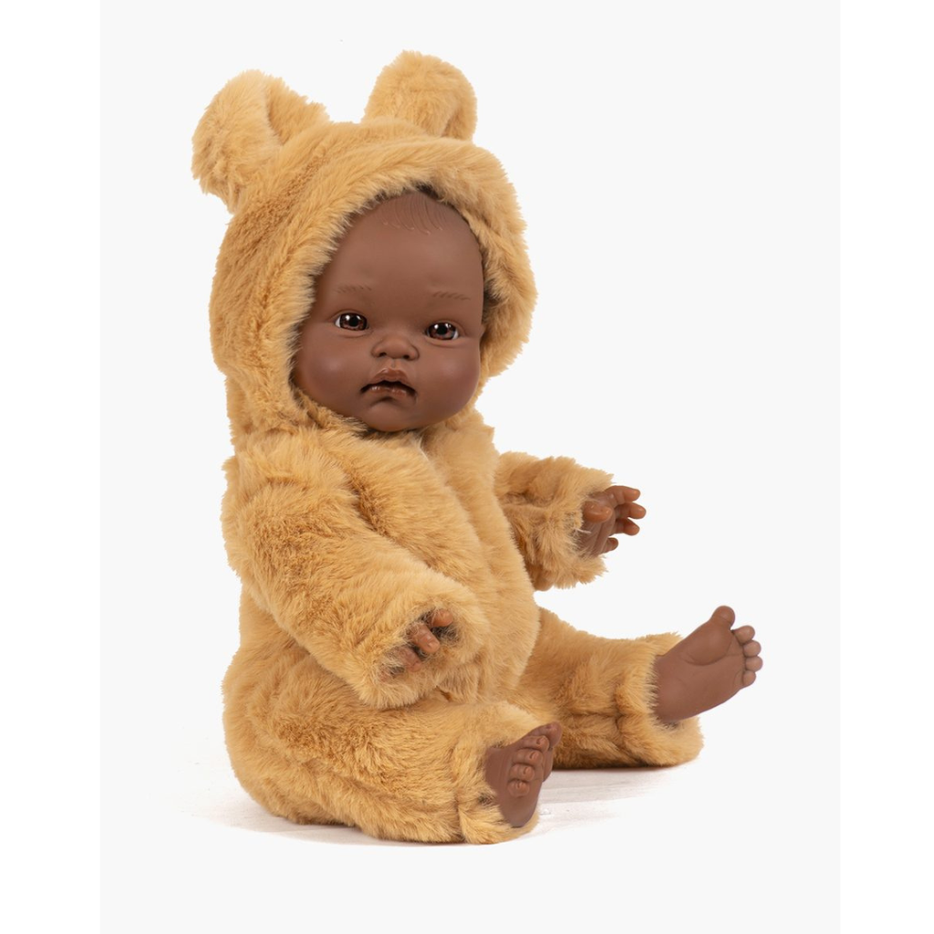 US stockist of Minikane's Basile Cuties doll dressed in a camel faux fur Winnie jumpsuit