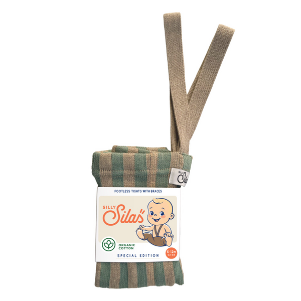 US stockist of Silly Silas' Dreamy Pastels Footless cotton tights in Matcha x Peanut Striped
