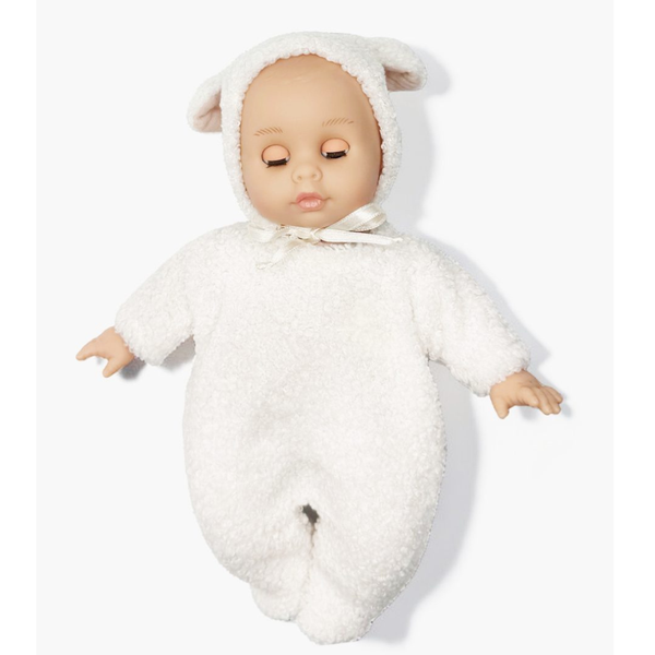 US stockist of Minikane's 10.2" Celestine Dreamy baby doll dressed in her white lamb outfit