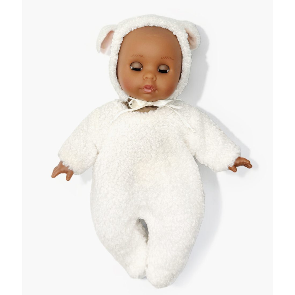 US stockist of Minikane's 10.2" Celeste Dreamy baby doll dressed in her ecru lamb outfit