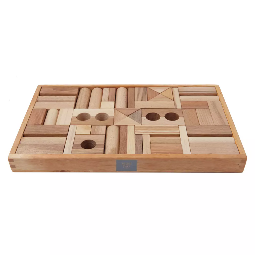 US stockist of Wooden Story's 54pc wooden natural blocks in tray
