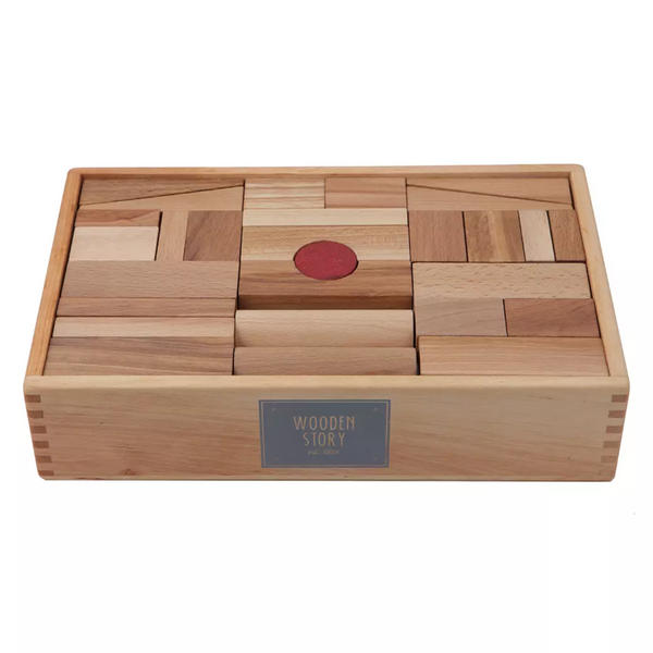 US stockist of Wooden Story's 63pc set of Wooden Natural Blocks in XL Tray