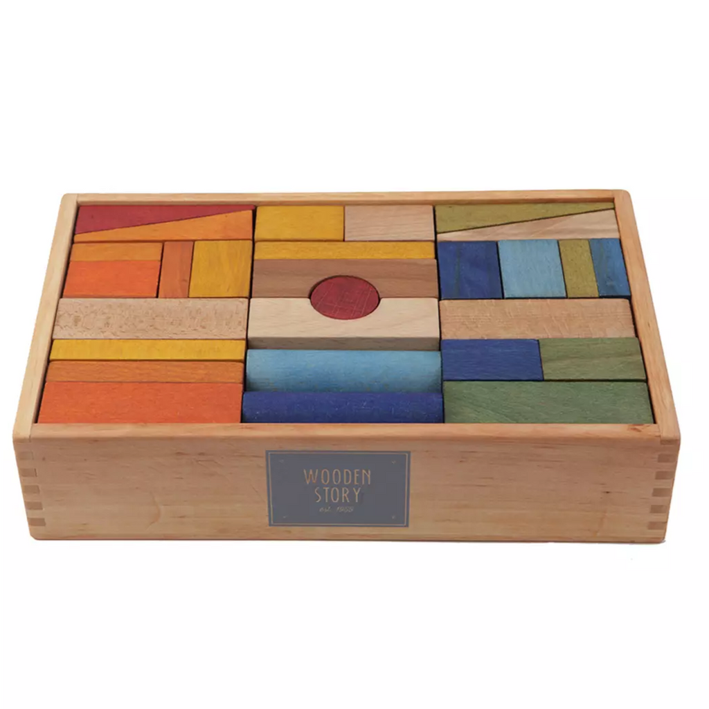 US stockist of Wooden Story's 63pc set of Wooden Rainbow Blocks in XL Tray