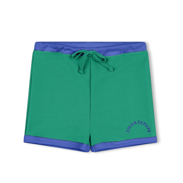 US stockist of Zulu & Zephyr's gender neutral Mini Rib Logo Surf Shorts in Emerald