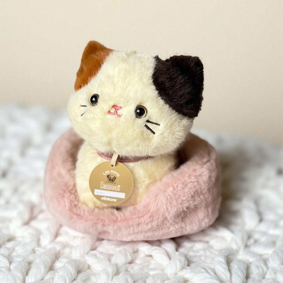 US stockist of Minikane's "Aiko" kanai plush puppy and beige faux rabbit fur dog basket.