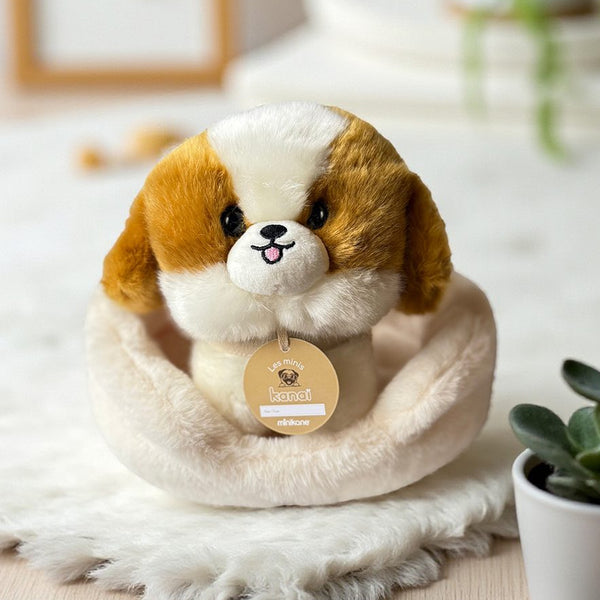 US stockist of Minikane's "Suki" kanai plush puppy and ecru faux rabbit fur dog basket.