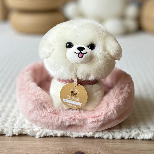 US stockist of Minikane's "Tama" kanai plush puppy and pink faux rabbit fur dog basket.